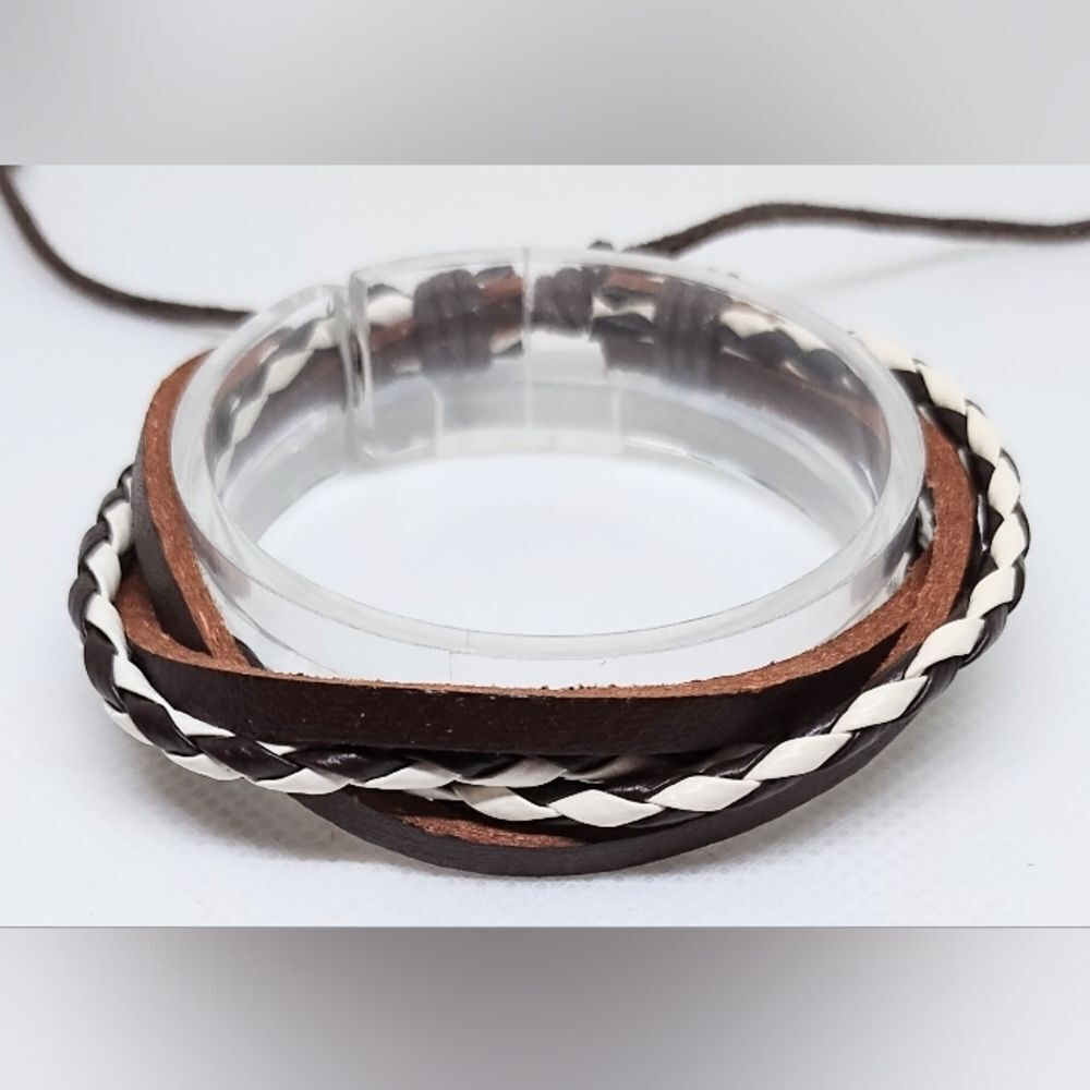 Men's bracelet leather braided layered brown new e89